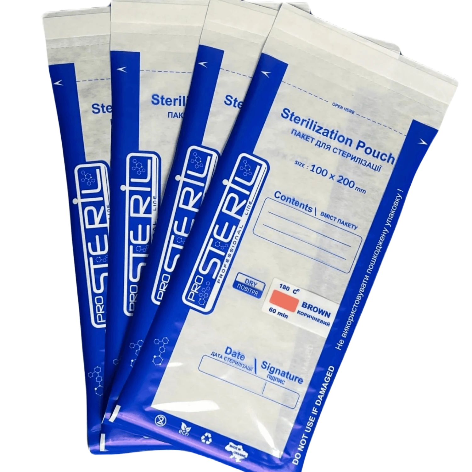 STERIL PRO sterilizaciniai vokai 100×200 mm – su vidiniais indikatoriais, 100 vnt. (MADE IN UKRAINE)