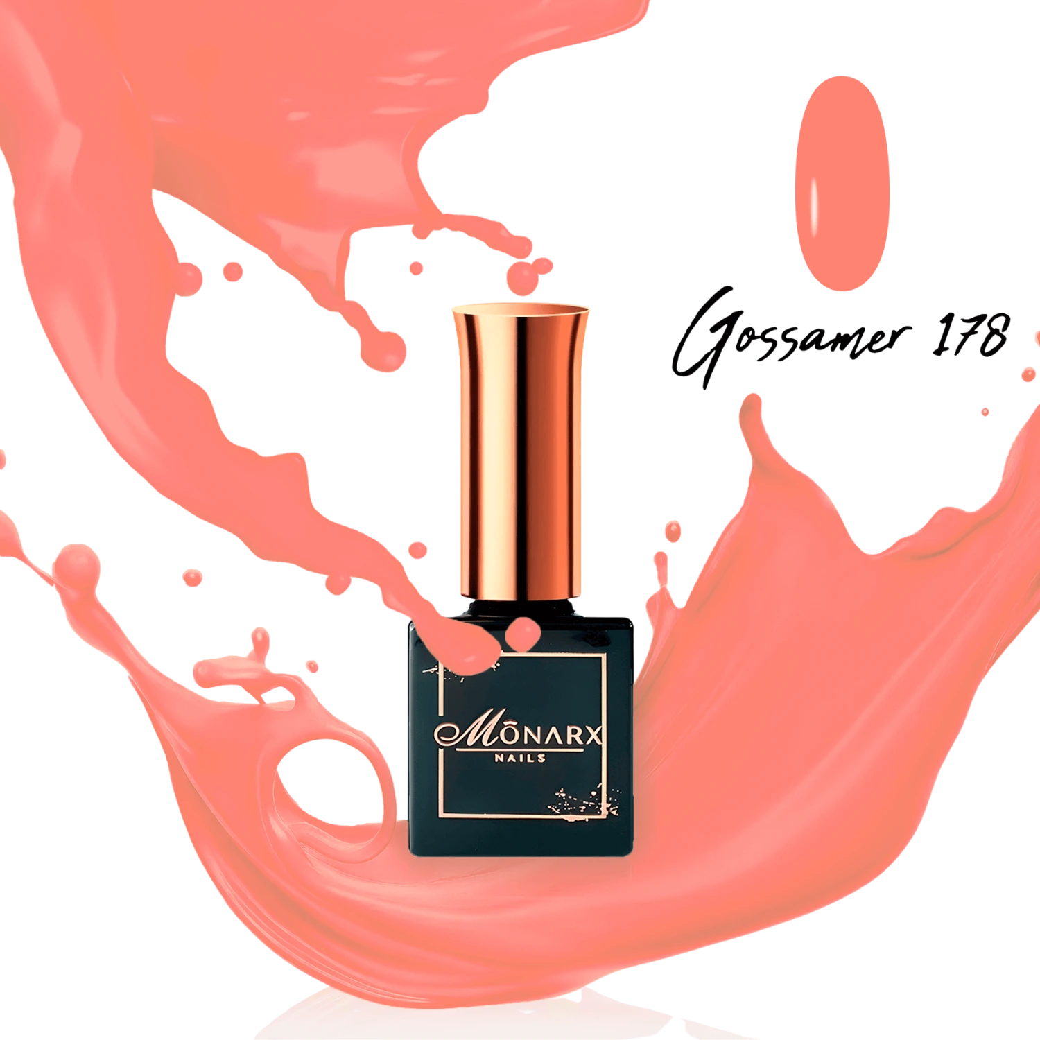 Monarx Grossamer 178 lososio hibridinis nagų lakas – šviesus ir šiltas atspalvis.