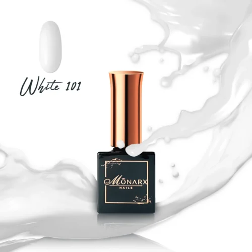 Monarx balto hibridinio nagų lako 101 - profesionalus manikiūras su tobula balta spalva.