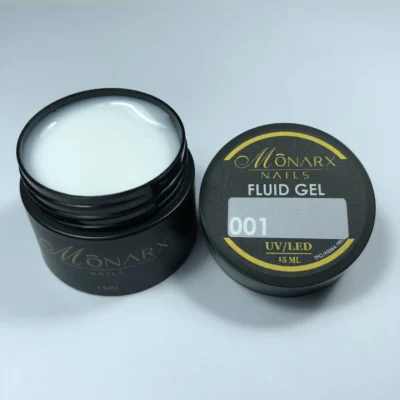 Fluid gelis 001 be HEMA ir TPO iš Monarx – skaidrus, lankstus gelis nagams