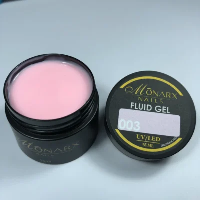 Fluid gelis 003 be HEMA ir TPO iš Monarx – skaidrus, lankstus gelis nagams