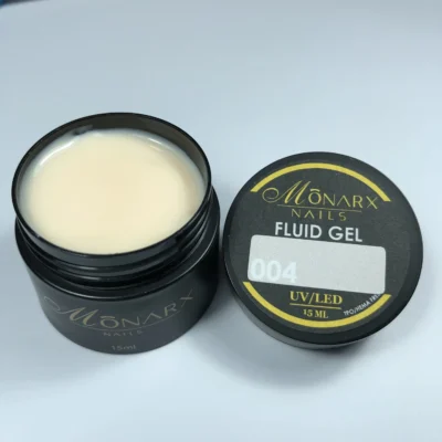 Fluid gelis 004 be HEMA ir TPO iš Monarx – skaidrus, lankstus gelis nagams