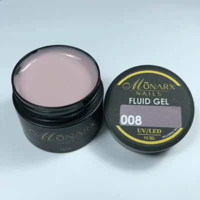 Fluid gelis 008 be HEMA ir TPO iš Monarx – skaidrus, lankstus gelis nagams