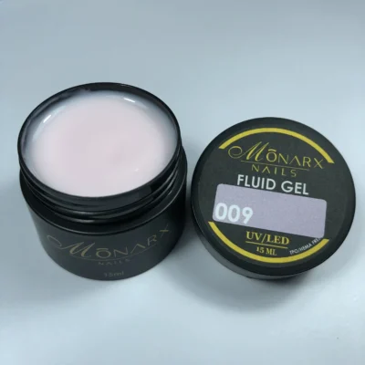 Fluid gelis 009 be HEMA ir TPO iš Monarx – skaidrus, lankstus gelis nagams