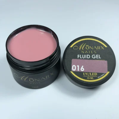 Fluid gelis 016 be HEMA ir TPO iš Monarx – skaidrus, lankstus gelis nagams