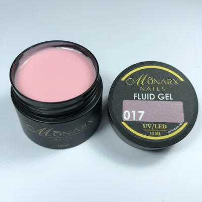 Fluid gelis 017 be HEMA ir TPO iš Monarx – skaidrus, lankstus gelis nagams