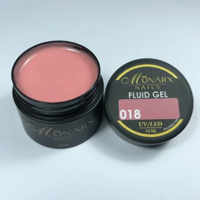 Fluid gelis 018 be HEMA ir TPO iš Monarx – skaidrus, lankstus gelis nagams