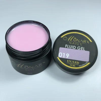 Fluid gelis 019 be HEMA ir TPO iš Monarx – skaidrus, lankstus gelis nagams