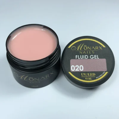 Fluid gelis 020 be HEMA ir TPO iš Monarx – skaidrus, lankstus gelis nagams