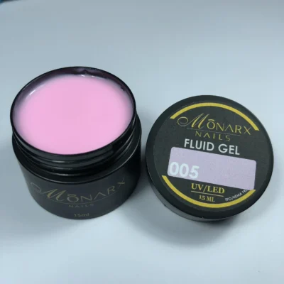 Fluid gelis 005 be HEMA ir TPO iš Monarx – skaidrus, lankstus gelis nagams