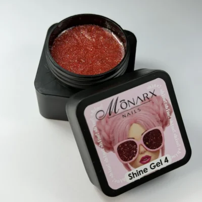 Aukštos kokybės nagų gelis su blizgučiais Shine Gel 4. Suteikite manikiūrui ypatingą spindesį, taupykite laiką ir džiuginkite klientes. Užsisakykite geliai.lt