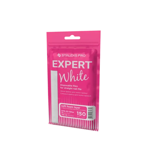Baltos vienkartinės dildės tiesiems nagams (minkštas pagrindas) STALEKS PRO Expert 20, 150 grit (30 vnt.)