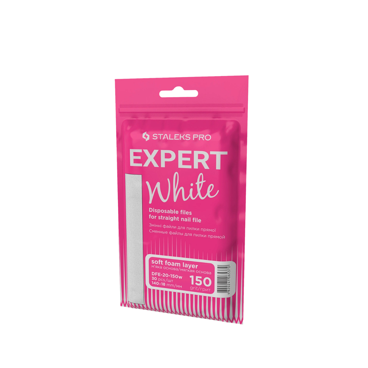 Baltos vienkartinės dildės tiesiems nagams (minkštas pagrindas) STALEKS PRO Expert 20, 150 grit (30 vnt.)